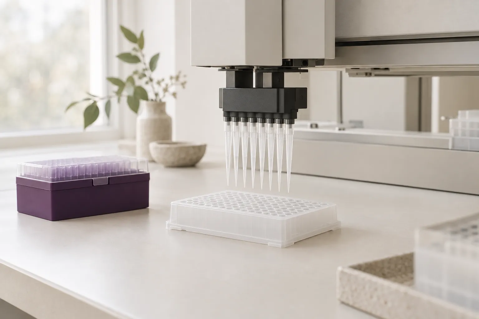 Automated liquid-handling robot pipetting into a 96-well plate